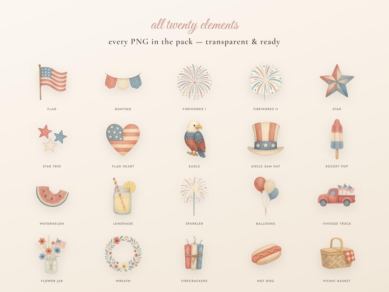 4th of July Clipart Watercolor PNG, Patriotic Clipart Bundle, Americana Sublimation, Fireworks Flag Truck, Transparent, Commercial Use image 3