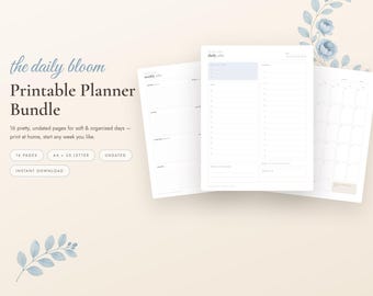 Paquete de planificadores imprimibles en azul empolvado, planificador diario, semanal y mensual sin fecha, seguimiento de hábitos, presupuesto, plan de comidas, autocuidado, PDF tamaño carta A4