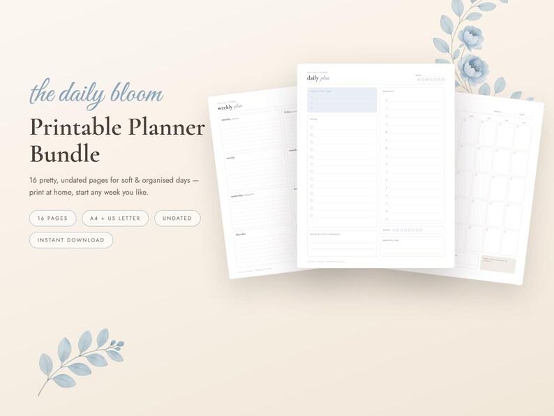 Dusty Blue Printable Planner Bundle, Undated Daily Weekly Monthly Planner, Habit Tracker, Budget, Meal Plan, Self Care, A4 Letter PDF image 1