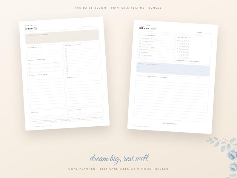Dusty Blue Printable Planner Bundle, Undated Daily Weekly Monthly Planner, Habit Tracker, Budget, Meal Plan, Self Care, A4 Letter PDF image 9