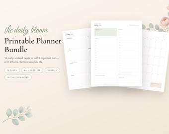 Saliegroen afdrukbare plannerbundel, ongedateerd dagelijks wekelijks maandplanner, gewoontetracker, budget, maaltijdplan, zelfzorg, A4-brief-pdf