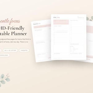 ADHD planner afdrukbare bundel, ongedateerde dagelijkse planner volwassen ADHD, dopaminemenu, hersendump, gewoontetracker, routines, A4-brief-pdf afbeelding 1