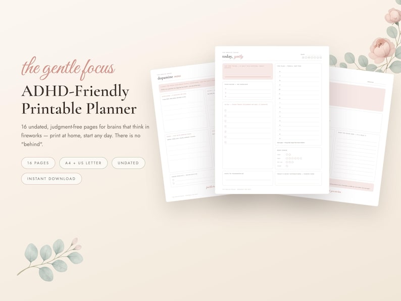 ADHD planner afdrukbare bundel, ongedateerde dagelijkse planner volwassen ADHD, dopaminemenu, hersendump, gewoontetracker, routines, A4-brief-pdf afbeelding 1