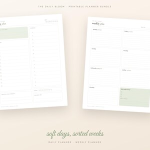 Lot d'agendas imprimables vert sauge, agenda hebdomadaire mensuel non daté, suivi des habitudes, budget, plan de repas, soins personnels, format A4 lettre PDF image 3