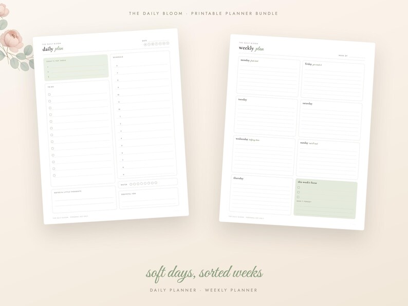 Lot d'agendas imprimables vert sauge, agenda hebdomadaire mensuel non daté, suivi des habitudes, budget, plan de repas, soins personnels, format A4 lettre PDF image 3