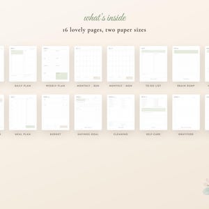 Lot d'agendas imprimables vert sauge, agenda hebdomadaire mensuel non daté, suivi des habitudes, budget, plan de repas, soins personnels, format A4 lettre PDF image 2