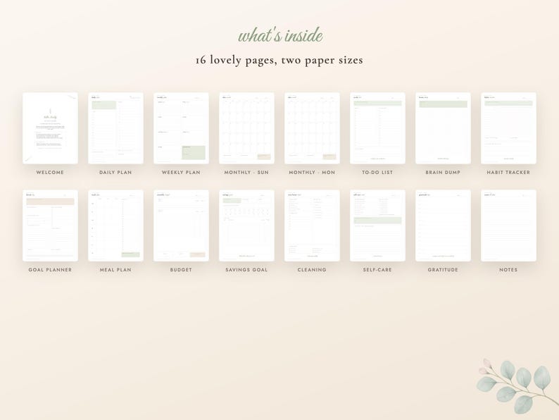 Lot d'agendas imprimables vert sauge, agenda hebdomadaire mensuel non daté, suivi des habitudes, budget, plan de repas, soins personnels, format A4 lettre PDF image 2