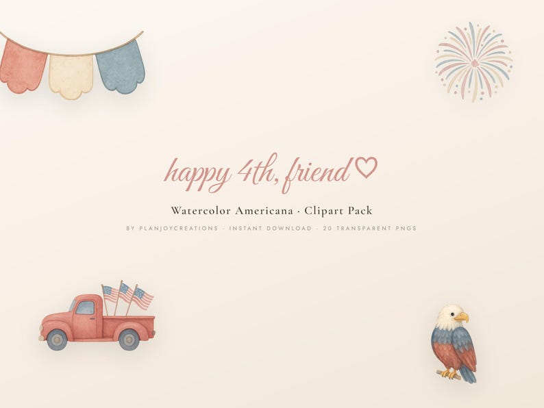 4th of July Clipart Watercolor PNG, Patriotic Clipart Bundle, Americana Sublimation, Fireworks Flag Truck, Transparent, Commercial Use image 10