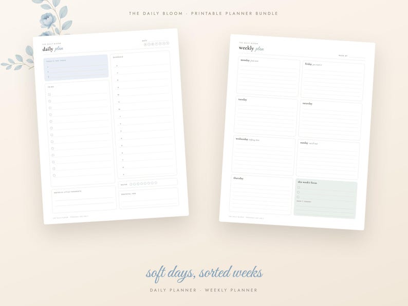 Dusty Blue Printable Planner Bundle, Undated Daily Weekly Monthly Planner, Habit Tracker, Budget, Meal Plan, Self Care, A4 Letter PDF image 4