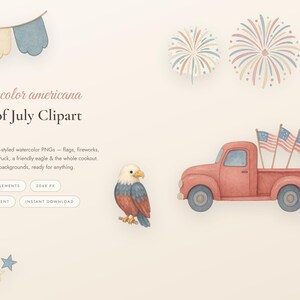 4th of July Clipart Watercolor PNG, Patriotic Clipart Bundle, Americana Sublimation, Fireworks Flag Truck, Transparent, Commercial Use image 1