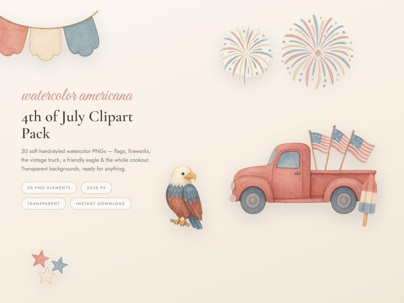 4th of July Clipart Watercolor PNG, Patriotic Clipart Bundle, Americana Sublimation, Fireworks Flag Truck, Transparent, Commercial Use image 1