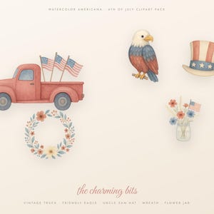 4th of July Clipart Watercolor PNG, Patriotic Clipart Bundle, Americana Sublimation, Fireworks Flag Truck, Transparent, Commercial Use image 5