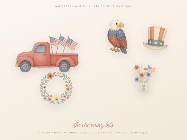 4th of July Clipart Watercolor PNG, Patriotic Clipart Bundle, Americana Sublimation, Fireworks Flag Truck, Transparent, Commercial Use image 5