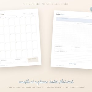 Dusty Blue Printable Planner Bundle, Undated Daily Weekly Monthly Planner, Habit Tracker, Budget, Meal Plan, Self Care, A4 Letter PDF image 2
