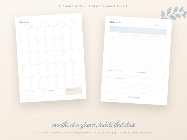 Dusty Blue Printable Planner Bundle, Undated Daily Weekly Monthly Planner, Habit Tracker, Budget, Meal Plan, Self Care, A4 Letter PDF image 2