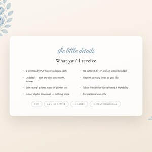 Dusty Blue Printable Planner Bundle, Undated Daily Weekly Monthly Planner, Habit Tracker, Budget, Meal Plan, Self Care, A4 Letter PDF image 7