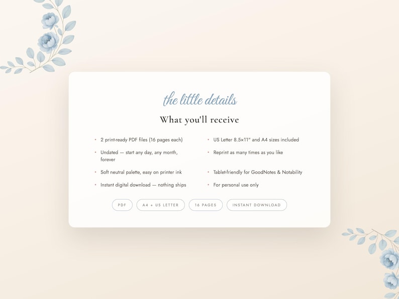 Dusty Blue Printable Planner Bundle, Undated Daily Weekly Monthly Planner, Habit Tracker, Budget, Meal Plan, Self Care, A4 Letter PDF image 7