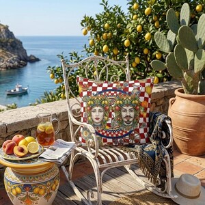 Sicilian Moor Heads Outdoor Pillow | Mediterranean Tile Checkered Pattern