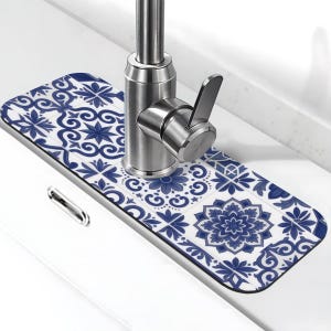 Mediterranean blue tiles Faucet Mat for Kitchen Sink