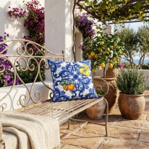 Blue majolica Lemon Orange Tile Pattern Outdoor Pillow | Made in USA