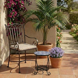 Könnte beinhalten: Eine Außenszene mit einem schmiedeeisernen Stuhl, einem kleinen Beistelltisch mit Mosaikplatte und einer Topfpalme. Ein Topf mit lila Blumen ist ebenfalls vorhanden. Die Szene spielt sich auf einer Terrasse mit Terrakottafliesen ab.