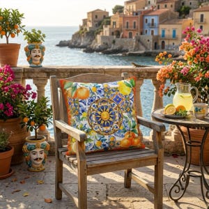 May include: A patterned cushion with a citrus fruit design, including oranges and lemons, on a wooden chair. The cushion has a blue and white pattern with a sun motif. The scene includes potted plants, a table with lemonade, and a coastal background.