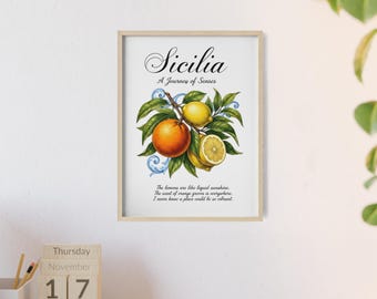 Póster botánico de cítricos de Sicilia con marco de madera / Decoración de pared de naranja y limón. Hecho en Alemania.