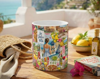 Tazza in ceramica con collage La Dolce Vita / Viaggio in Italia, limoni, pizza, scene vintage, Made in Europe