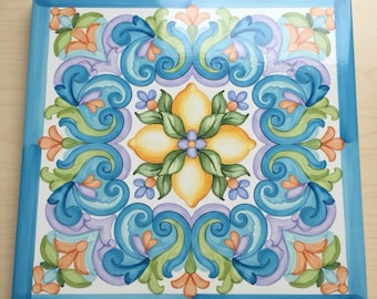 Light blue Vibrant Sicily inspired lemon ceramic tile (satin finish) 2 sizes ,Made in USA
