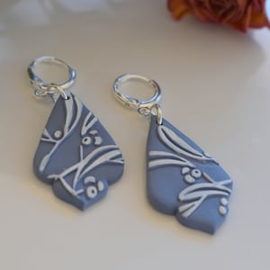Blue and White Floral Polymer Clay Earrings, Huggie Hoop Earrings