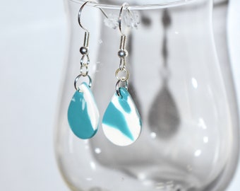 Polymer Clay Earrings Blue and White Marble Tear Drop