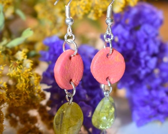 Pink with Green Bead Polymer Clay Earrings
