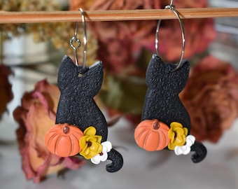 Black Cat Polymer Clay Earrings, Pumpkin and Flowers, Halloween, Thanksgiving
