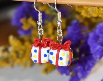 Present Polymer Clay Earrings, Birthday Box