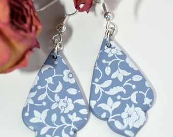 Soft Blue Floral Polymer Clay Earrings, Dangle