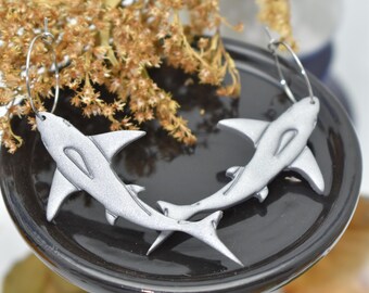 Statement Great White Shark Polymer Clay Earrings, Hypoallergenic Stainless Steel Hoops