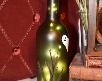 Halloween Wine Bottle Lamp, hand painted ghosts and graveyard