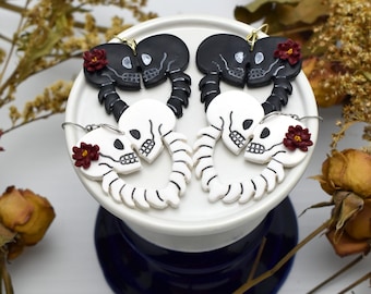Skull Earrings, Fall Halloween Jewelry, Gothic, Skull with Flower