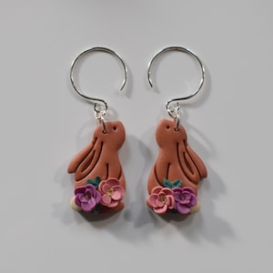 Bunny Earrings with Flowers, Polymer Clay, Easter, Spring Gift, Rabbit