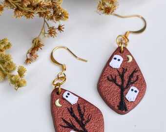 Halloween Polymer Clay Earrings, Fall Halloween Jewelry, Ghosts and Spooky Tree