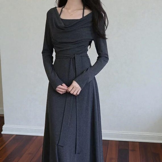 grey fitted maxi dress Wrap Dress, Soft Stretch Cowl Neck, Long Sleeve Evening Gown Style-Color-Dim:AD3D106687_AA350_M