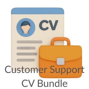 以下が含まれることがあります： プロフィール写真と「CV」の文字が入った履歴書の3Dイラスト。その隣にはオレンジ色のブリーフケースがあります。「Customer Support CV Bundle」の文字がオブジェクトの下に表示されています。