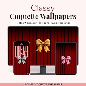Può includere: Presentazione digitale di "Classy Coquette Wallpapers" per telefono, tablet e desktop. L'immagine presenta uno smartphone, un tablet e uno schermo di computer che mostra un design a tendina rosso con fiocchi. Lo smartphone mostra l'ora 08:49.
