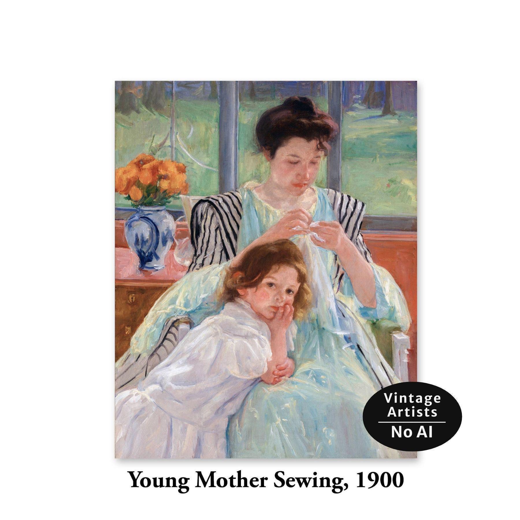 若い母親が裁縫をするメアリー・カサットのプリント - 母と娘のポート