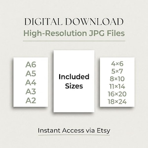 The image is a digital download advertisement for high-resolution JPG files, including sizes A6 to A24. It also includes a list of included sizes and a note that instant access is available via Etsy.