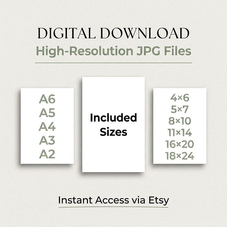 The image is a digital download advertisement for high-resolution JPG files, including sizes A6 to A24. It also includes a list of included sizes and a note that instant access is available via Etsy.
