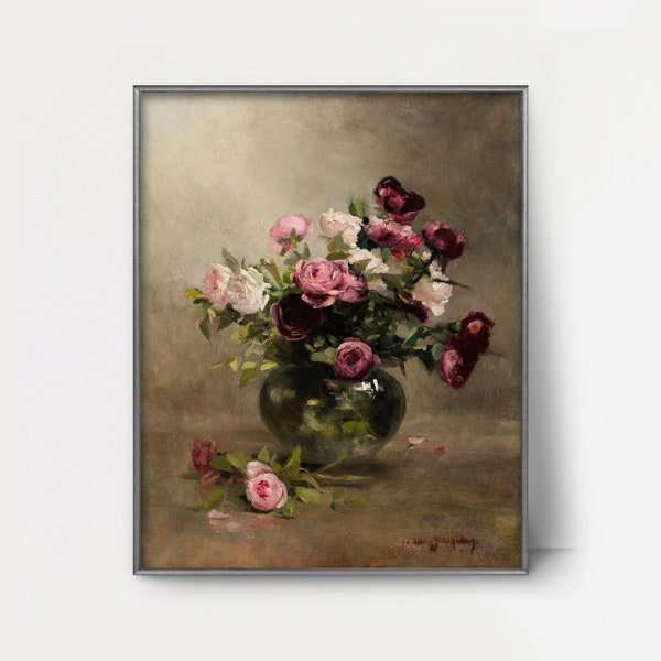 Vase of Roses 1870s Eva Gonzales Still Life --- french impressionist flower painting, dark red rose art, feminine bouquet print