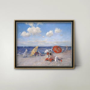 At the Seaside Summer Landscape Painting - coastal art, vintage beach house art