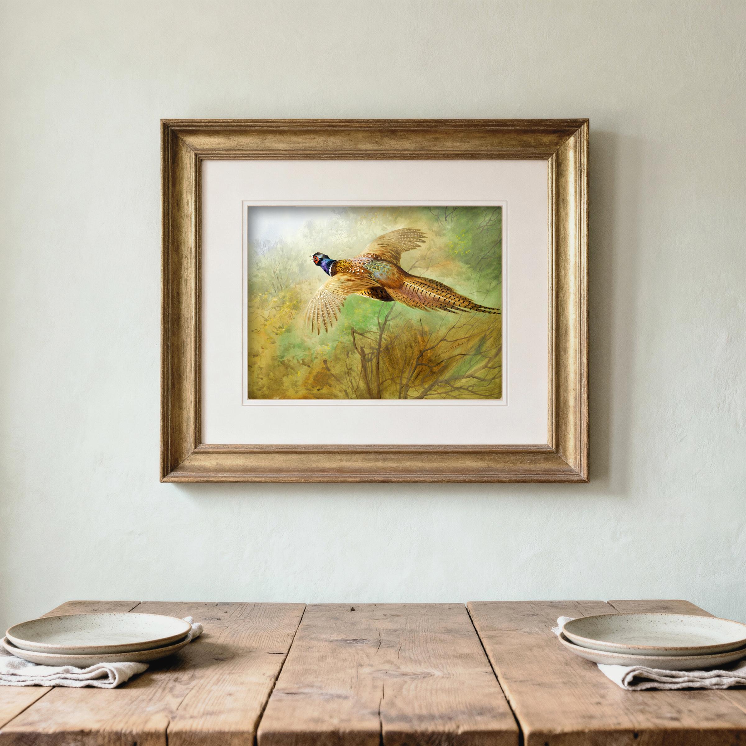 絵画　鳥　キジ　木枠 飛翔するキジの狩猟鳥 - 森林風景画、飛翔する鳥のプリント · デジタル