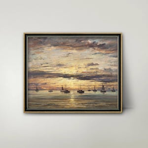 At Anchor Harbor Seascape Painting - ocean sunset print, antique sailboat print